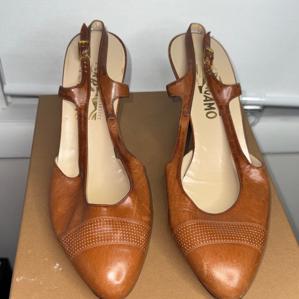 Salvatore Ferragamo Tan Leather T-Strap Heels